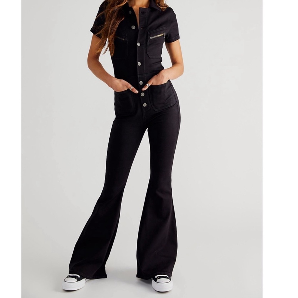 Free People Hearts Beat coverall Denim Fitted Jumpsuit XS